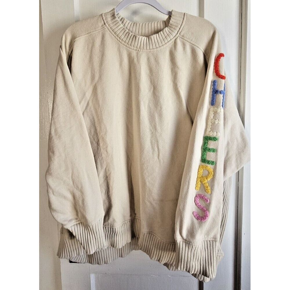 Aerie spell out embroidered sleeves ribbed seams sweatshirt tan Sz XL